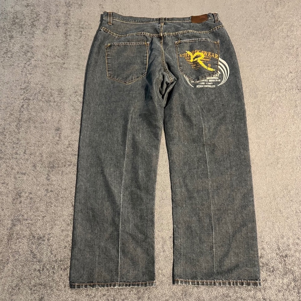 Y2K Rocawear Baggy Denim Jeans Mens 44x32 Dark Wash Embroidered Logo Hip Hop